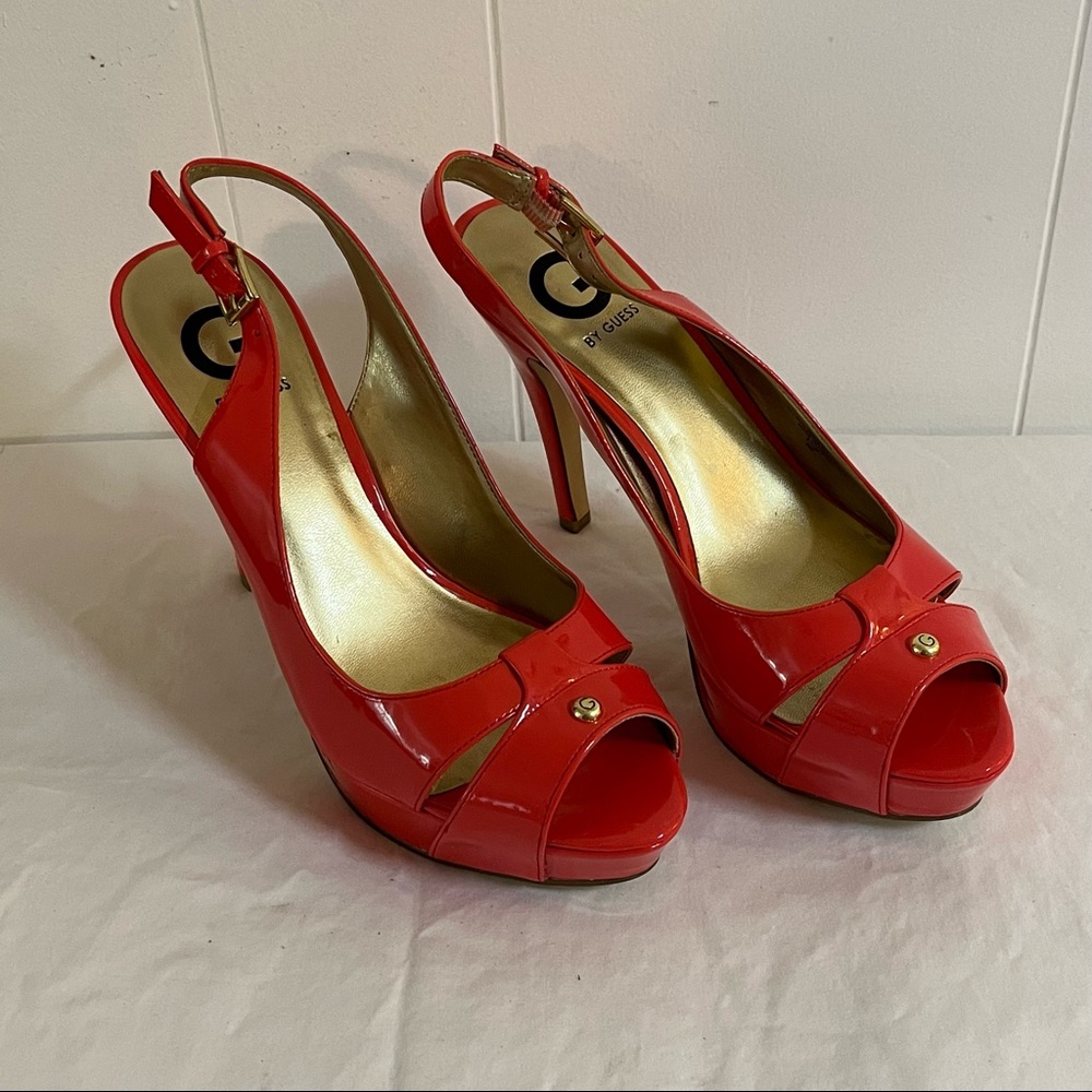 Coral scarlett orange Guess open toed heels summer shoes